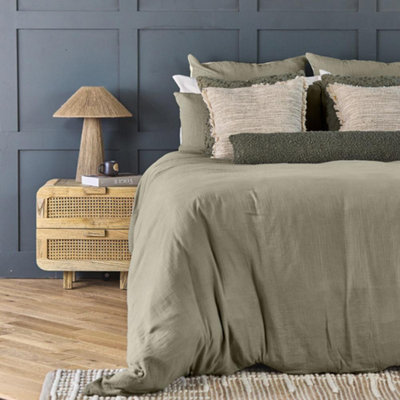 Duvet Cover & Pillowcase Set - Moss Green - Washed Cotton - Double