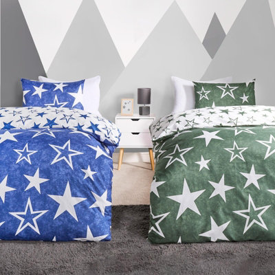 Duvet Cover Set Reversible 2 x Star Quilt Pillowcases, Navy/Green - Single