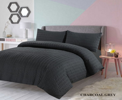 Duvet Cover Set Seersucker Single/Double/King/Super King Bedding Set - Duvet Cover + Matching Pillowcase - Charcoal