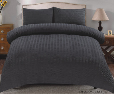 Duvet Cover Set Seersucker Single/Double/King/Super King Bedding Set - Duvet Cover + Matching Pillowcase - Charcoal