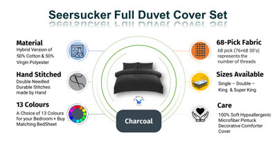 Duvet Cover Set Seersucker Single/Double/King/Super King Bedding Set - Duvet Cover + Matching Pillowcase - Charcoal