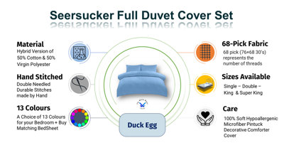 Duvet Cover Set Seersucker Single/Double/King/Super King Bedding Set - Duvet Cover + Matching Pillowcase -  Duck Egg