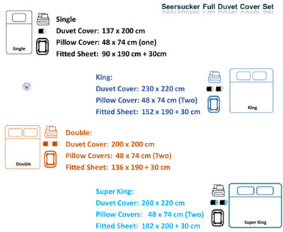 Duvet Cover Set Seersucker Single/Double/King/Super King Bedding Set - Duvet Cover + Matching Pillowcase -  Duck Egg