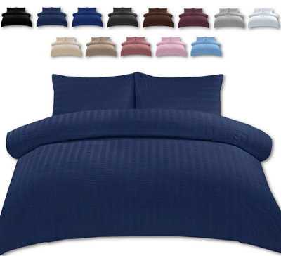 Duvet Cover Set Seersucker Single/Double/King/Super King Bedding Set - Duvet Cover + Matching Pillowcase - Navy Blue