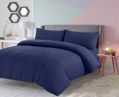 Duvet Cover Set Seersucker Single/Double/King/Super King Bedding Set - Duvet Cover + Matching Pillowcase - Navy Blue