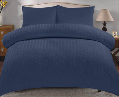 Duvet Cover Set Seersucker Single/Double/King/Super King Bedding Set - Duvet Cover + Matching Pillowcase - Navy Blue