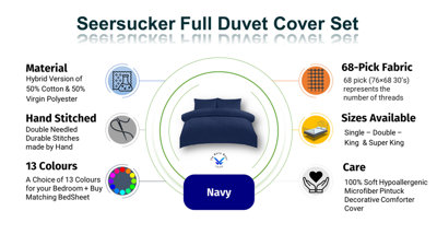 Duvet Cover Set Seersucker Single/Double/King/Super King Bedding Set - Duvet Cover + Matching Pillowcase - Navy Blue