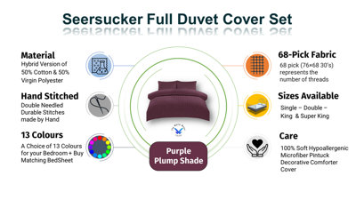 Duvet Cover Set Seersucker Single/Double/King/Super King Bedding Set - Duvet Cover + Matching Pillowcase - Purple