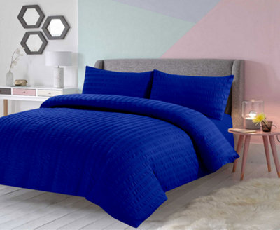Duvet Cover Set Seersucker Single/Double/King/Super King Bedding Set - Duvet Cover + Matching Pillowcase - Royal Blue