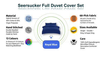 Duvet Cover Set Seersucker Single/Double/King/Super King Bedding Set - Duvet Cover + Matching Pillowcase - Royal Blue