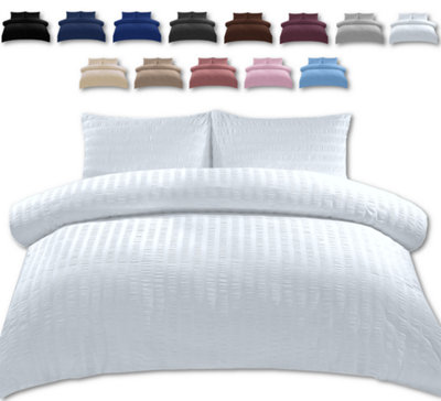 Duvet Cover Set Seersucker Single/Double/King/Super King Bedding Set - Duvet Cover + Matching Pillowcase - White