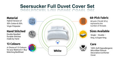 Duvet Cover Set Seersucker Single/Double/King/Super King Bedding Set - Duvet Cover + Matching Pillowcase - White