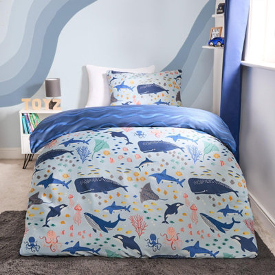 Duvet Cover Set Under The Sea Quilt Pillowcase Reversible Bedding, Blue - Single