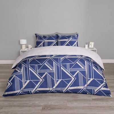 Duvet Cover Set with Pillowcases Reversible Quilt, Navy/Grey - Double