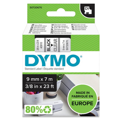 DYMO Authentic D1 Labels Black Print on Clear Tape 9 mm x 7 m Self ...