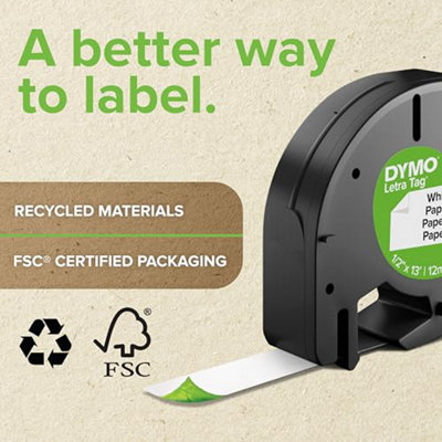 DYMO Branded LetraTag Plastic Labels 12 mm x 4 m Roll Black Print on ...