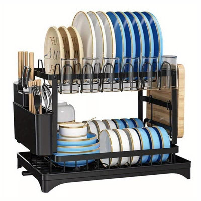 Dyzi Black 2-Tier Dish Drainer Rack Drip Tray Utensil Holder Sturdy Modern Design