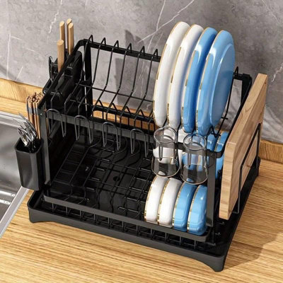 Dyzi Black 2-Tier Dish Drainer Rack Drip Tray Utensil Holder Sturdy ...