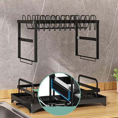 Dyzi Black 2-Tier Dish Drainer Rack Drip Tray Utensil Holder Sturdy ...