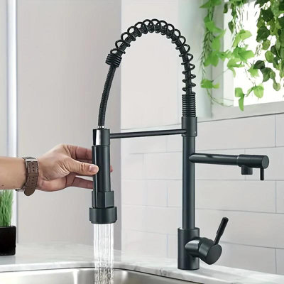 Dyzi Black Dual Spout Kitchen Tap Pull Down Spray Head Faucet High-Pressure