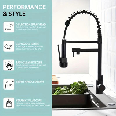 Dyzi Black Dual Spout Kitchen Tap Pull Down Spray Head Faucet High-Pressure
