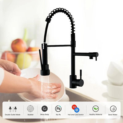 Dyzi Black Dual Spout Kitchen Tap Pull Down Spray Head Faucet High-Pressure
