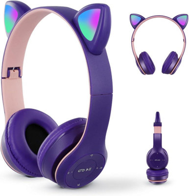 Dyzi Purple Cat Ear Wireless Headphones with Micro SD Card Slot