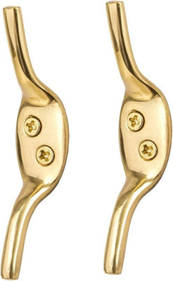 Dzina 3-Inch Solid Brass Cleat Hooks (2 Pack) - Heavy Duty Cord Cleats for Washing Line, Blinds, Curtains, and Rope Tiebacks