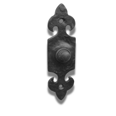 Dzina Traditional Old Style Doorbell Push Button - Fleur De Lys Design - Antique Black Cast Iron Door Ringer