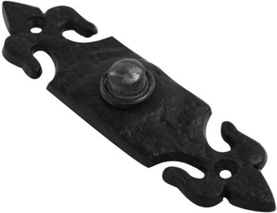 Dzina Traditional Old Style Doorbell Push Button - Fleur De Lys Design - Antique Black Cast Iron Door Ringer