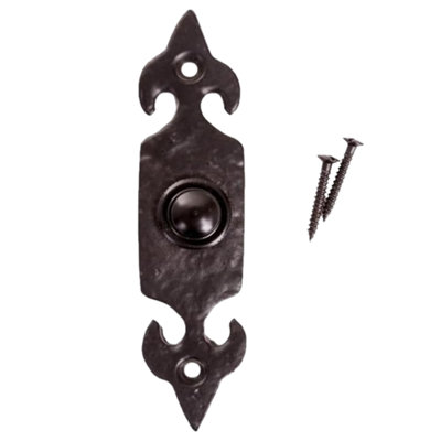 Dzina Traditional Old Style Doorbell Push Button - Fleur De Lys Design - Antique Black Cast Iron Door Ringer