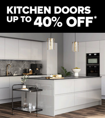 Shop up to 40% off selected kitchen doors. Includes GoodHome Garcinia light grey gloss cabinet doors. Terms & conditions apply, see the *Promotional terms & conditions at the end of the page.