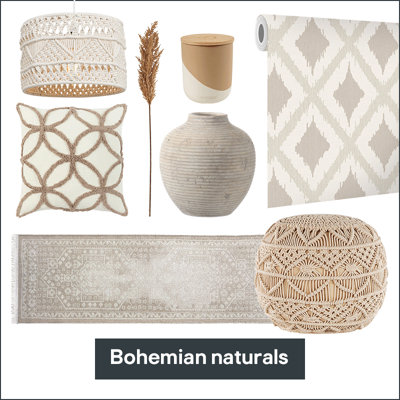 A collage of bohemian decor items in neutral tones, featuring a macrame lamp, patterned cushion, vase, pampas grass, textured candle, and geometric wallpaper.