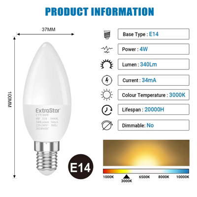 E14 4W 340lm LED Candle Light Bulb, Warm White, 10 Pack