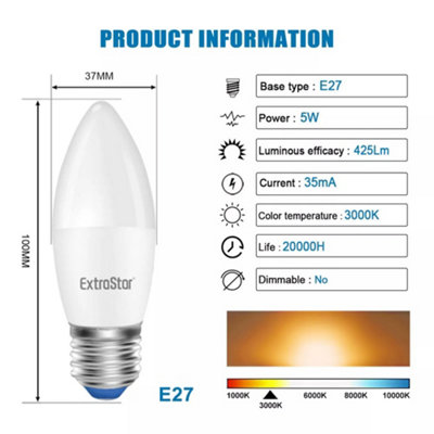 E27 5W 425lm LED Warm White Candle Light Bulbs, 10 Pack