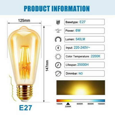 E27 6W ST64 LED Vintage Filament Light Bulb, 2200K Warm White, Pack of 4