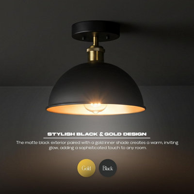 E27 Flush Ceiling Light with 21cm Metal Dome Shade Easy Fit Durable ...