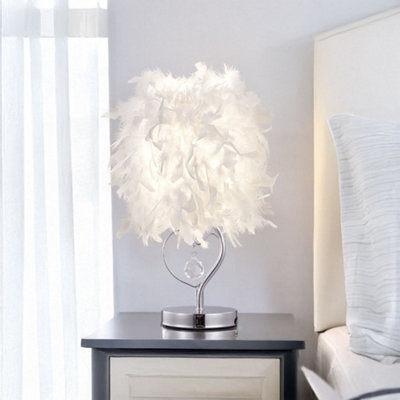 E27 Modern White Feather Lampshade Table Lamp Bedside Fixture Decor - Warm Light