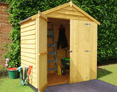 A timber shed with an apex roof and the door open, revealing a ladder and a lawnmower inside.