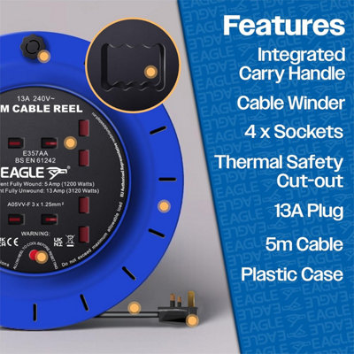 Eagle 4 x UK Socket Extension Reel with Cassette Type Holder, Restable ...