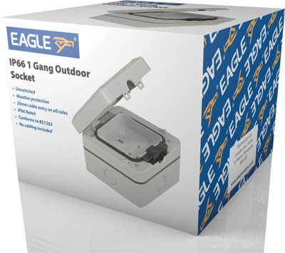 Eagle E341E Weatherproof Outdoor Socket Box 13A 1 Gang Single Unswitched Socket IP66 - Grey