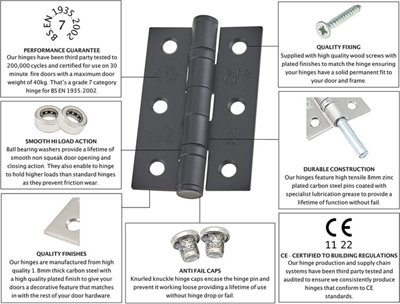 EAI - 3" Internal Door Hinges & Screws G7 FD30  - 76x50x2mm Square - Black - Pack 2 Pairs