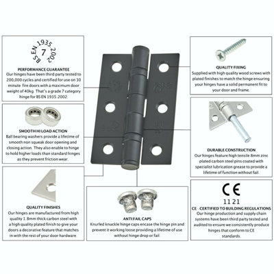 EAI - 3" Internal Door Hinges & Screws G7 FD30  - 76x50x2mm Square - Black