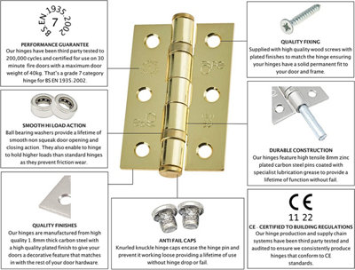 EAI - 3" Internal Door Hinges & Screws G7 FD30  - 76x50x2mm Square - PVD Brass - Pack 3 Pairs