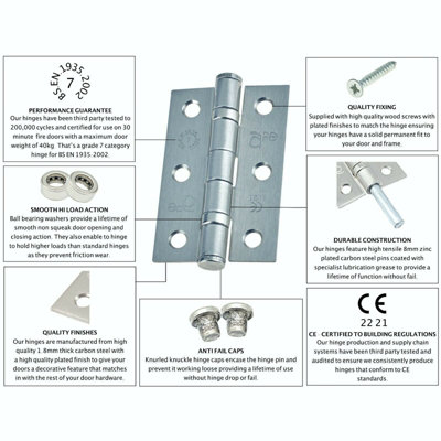 EAI - 3" Internal Door Hinges & Screws G7 FD30  - 76x50x2mm Square - Satin Chrome