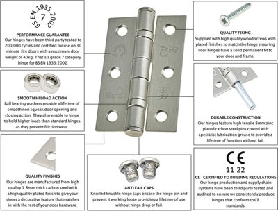 EAI - 3" Internal Door Hinges & Screws G7 FD30  - 76x50x2mm Square - Satin Nickel Plated - Pack 4 Pairs