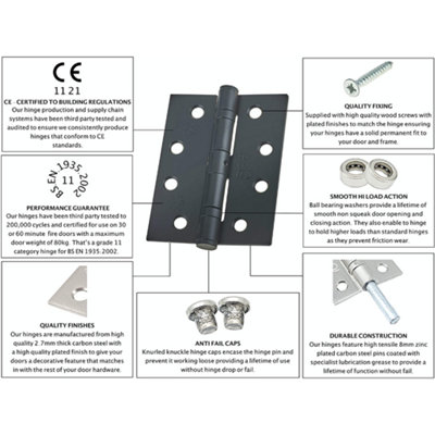 EAI - 4" Door Hinges & Screws G11 FD30/60  - 102x76x2.7mm Square - Black