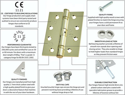 EAI - 4" Door Hinges & Screws G11 FD30/60 - 102x76x2.7mm Square - PVD Brass Pack of 4 Pairs
