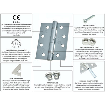 EAI - 4" Door Hinges & Screws G11 FD30/60  - 102x76x2.7mm Square - Satin Chrome
