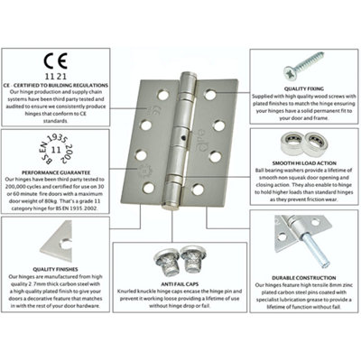 EAI - 4" Door Hinges & Screws G11 FD30/60  - 102x76x2.7mm Square - Satin Nickel Plated